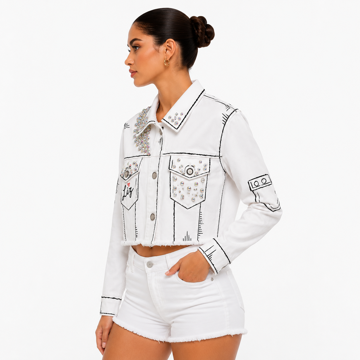 Chamarra Crop Blanca Artesanal con Cristales