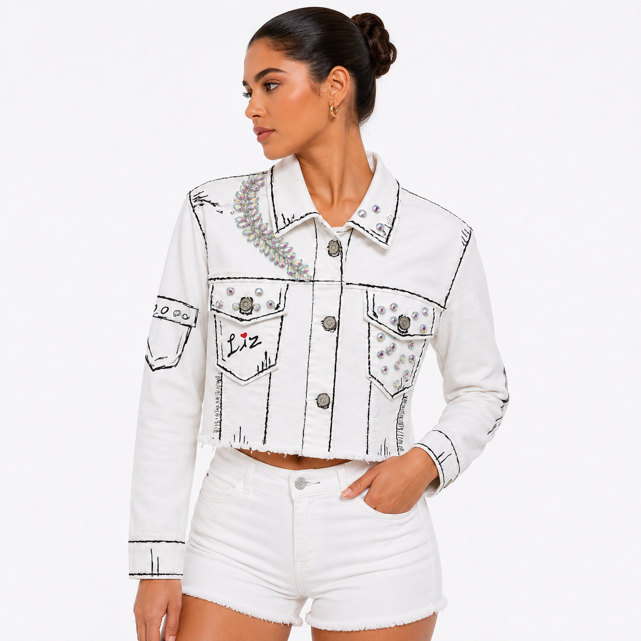 Chamarra Crop Blanca Artesanal con Cristales
