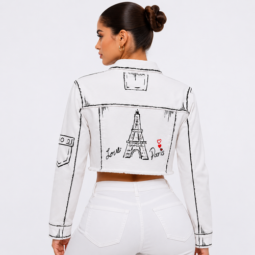 Chamarra Crop Blanca Artesanal con Cristales