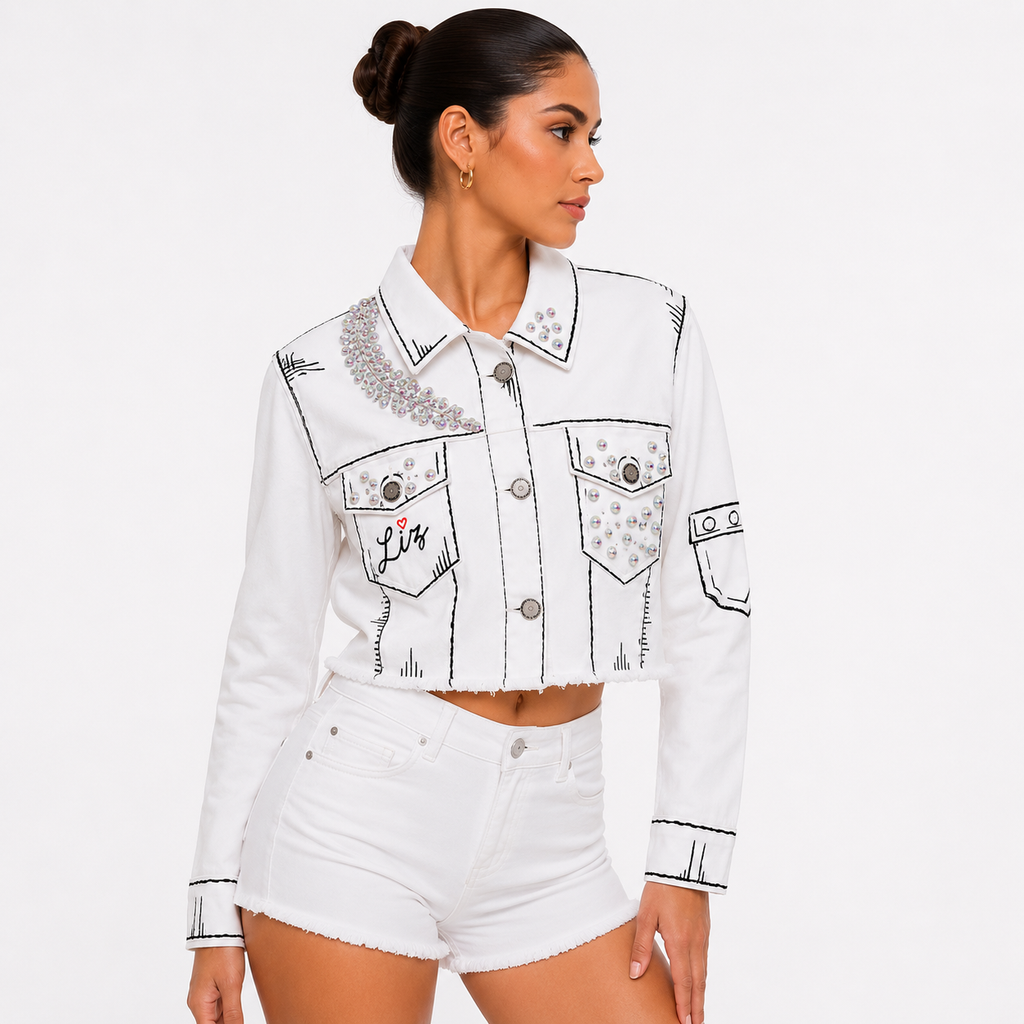 Chamarra Crop Blanca Artesanal con Cristales