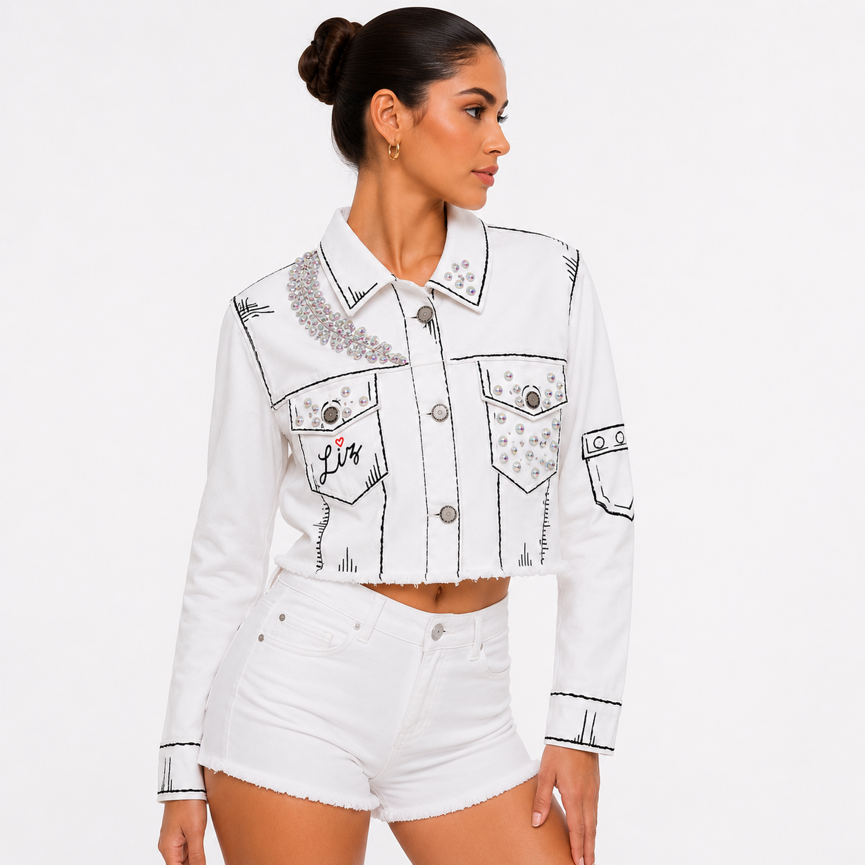 Chamarra Crop Blanca Artesanal con Cristales