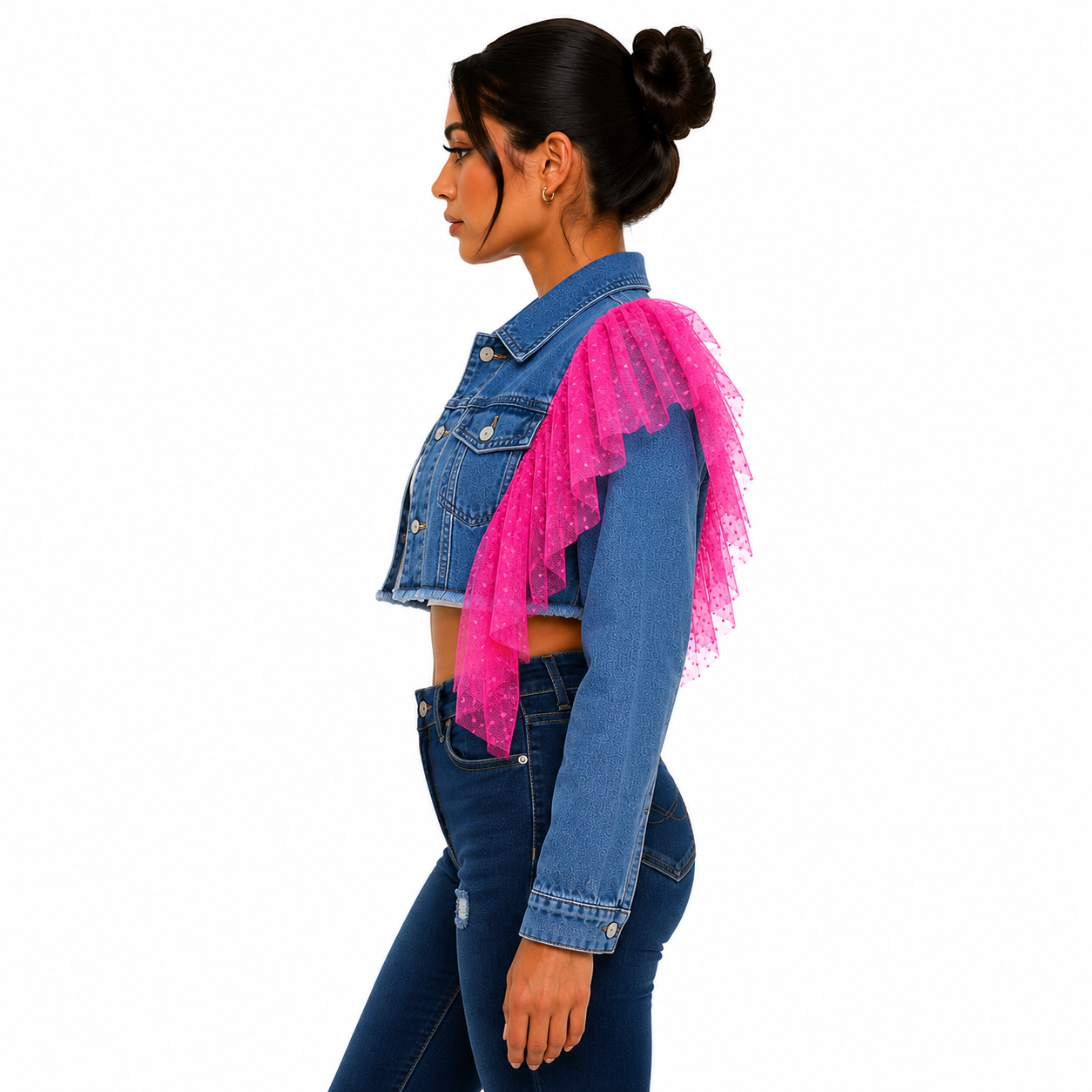 Chamarra Crop Denim con Detalle de Tul Artesanal