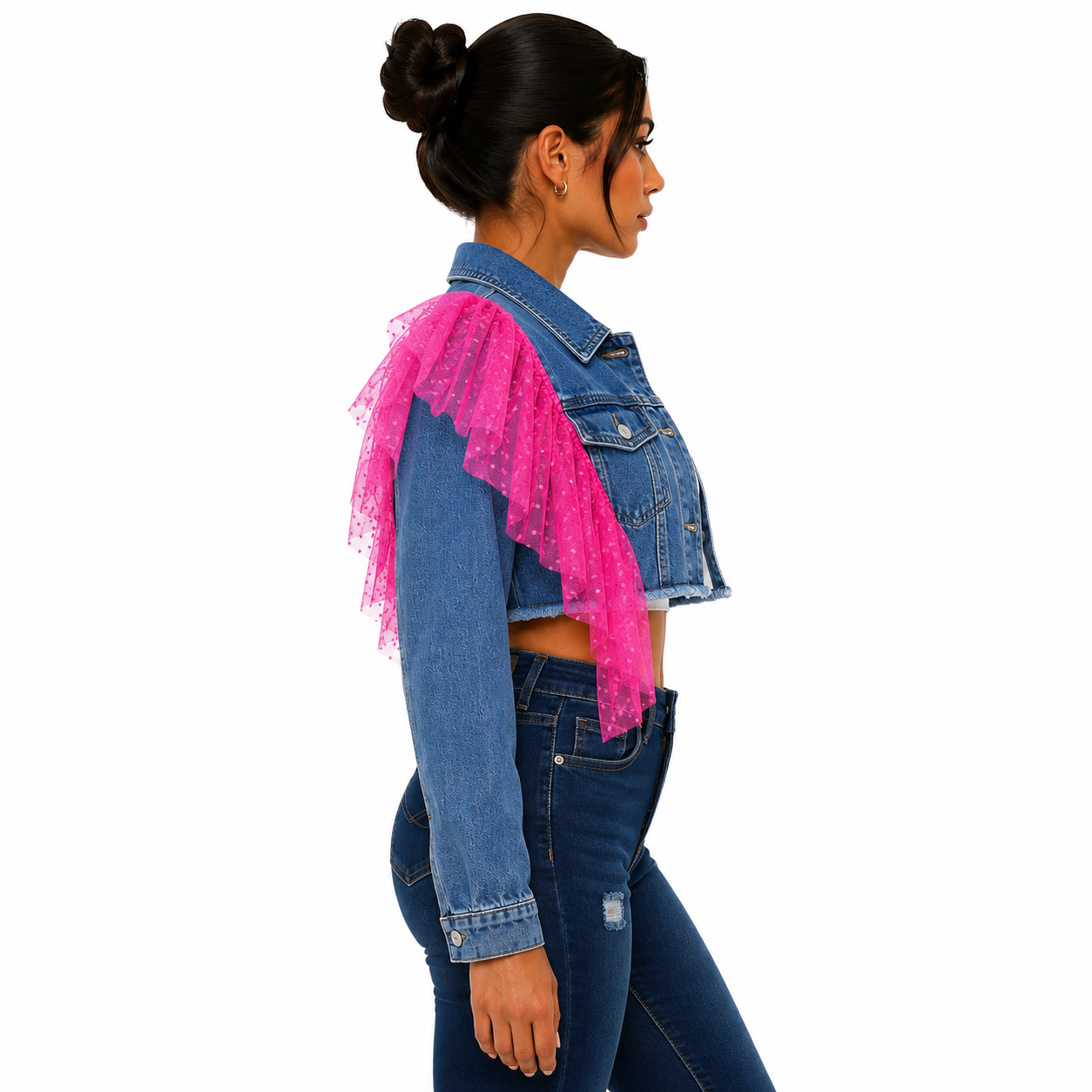 Chamarra Crop Denim con Detalle de Tul Artesanal