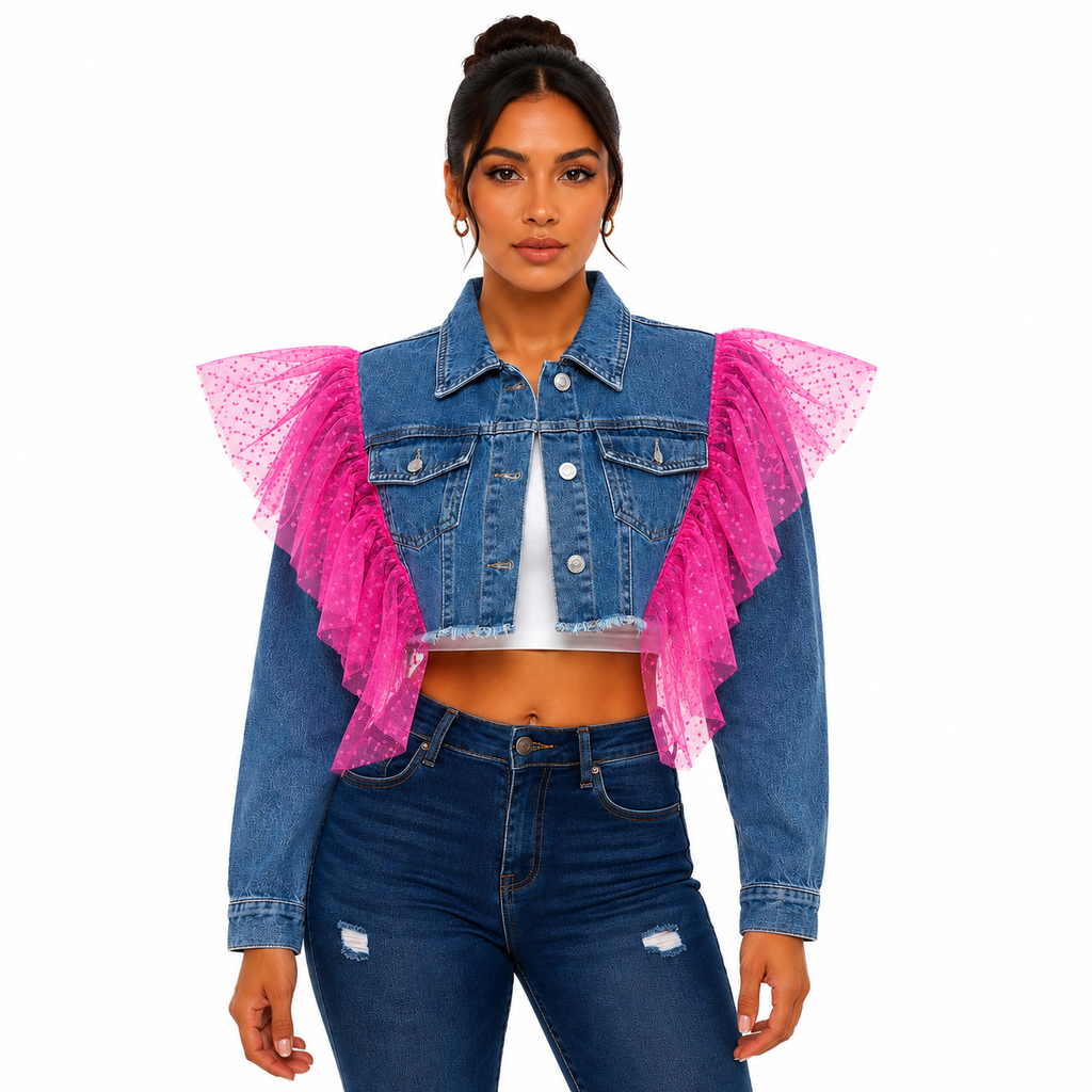 Chamarra Crop Denim con Detalle de Tul Artesanal