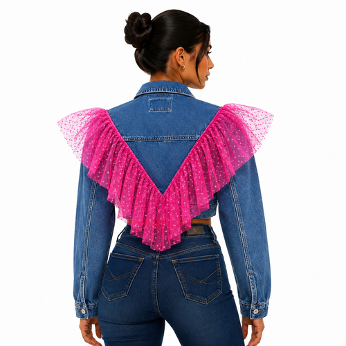 Chamarra Crop Denim con Detalle de Tul Artesanal