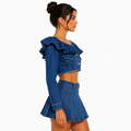 Chamarra Crop Denim con Olanes
