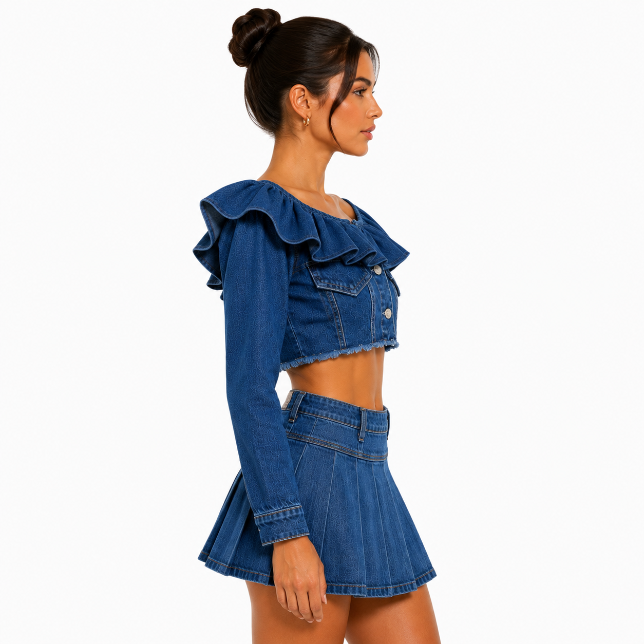 Chamarra Crop Denim con Olanes