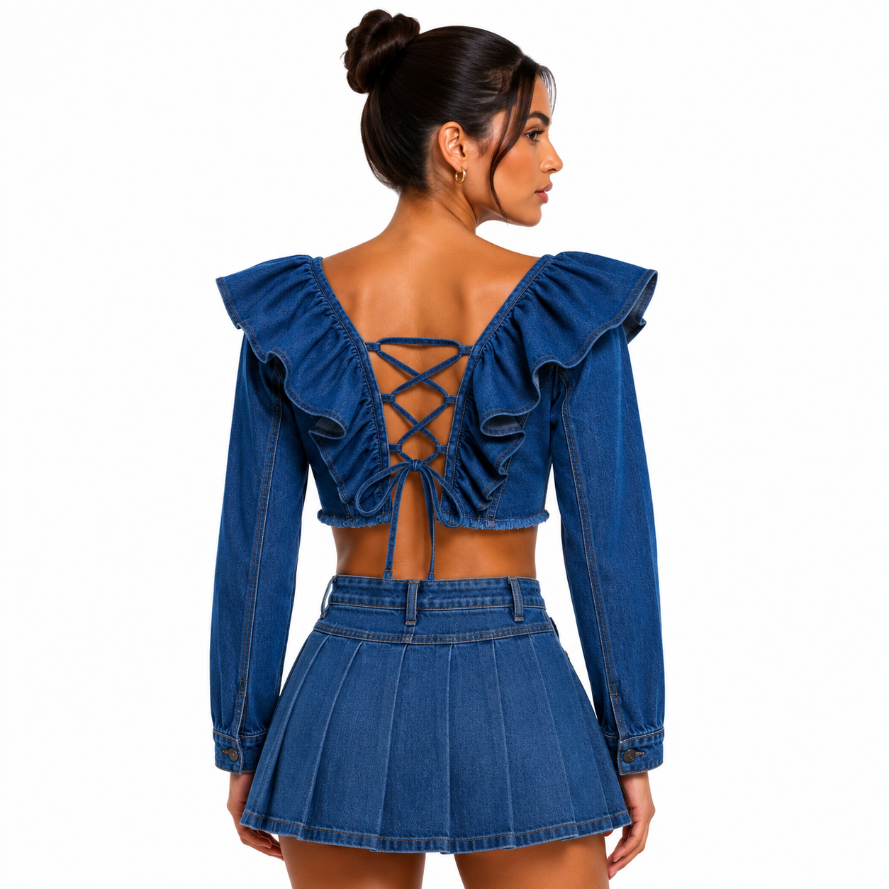 Chamarra Crop Denim con Olanes