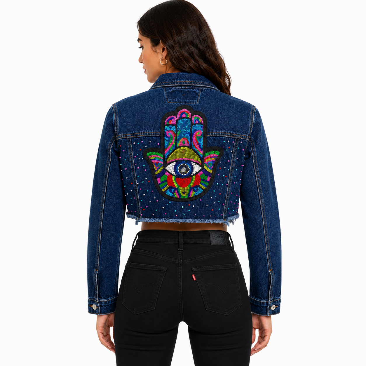 Chamarra Crop Mezclilla Premium con Aplicación Mano de Fatima