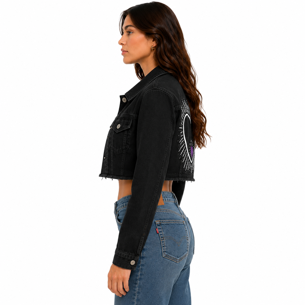 Chamarra Crop Negra Corazón Pintado