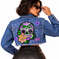 Chamarra Crop de Mezclilla Artesanal Catrina con Cristales y Lentejuela
