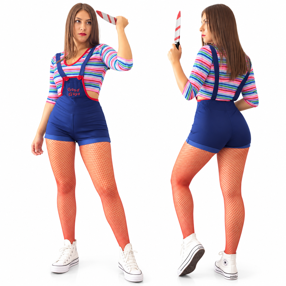 Disfraz de Muñeca de Terror para Mujer – Overol Corto Azul con Blusa Multicolor y Accesorios