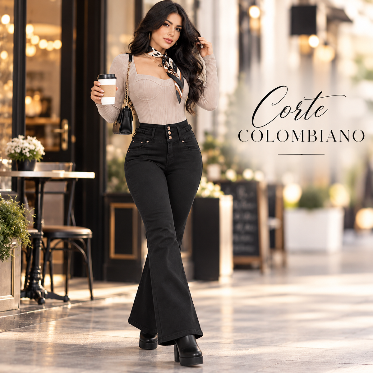 Jeans Colombianos para Mujer Corte Acampanado Negro – Tiro Alto, Súper Stretch y Pretina con Detalle | Tallas 5 a 15