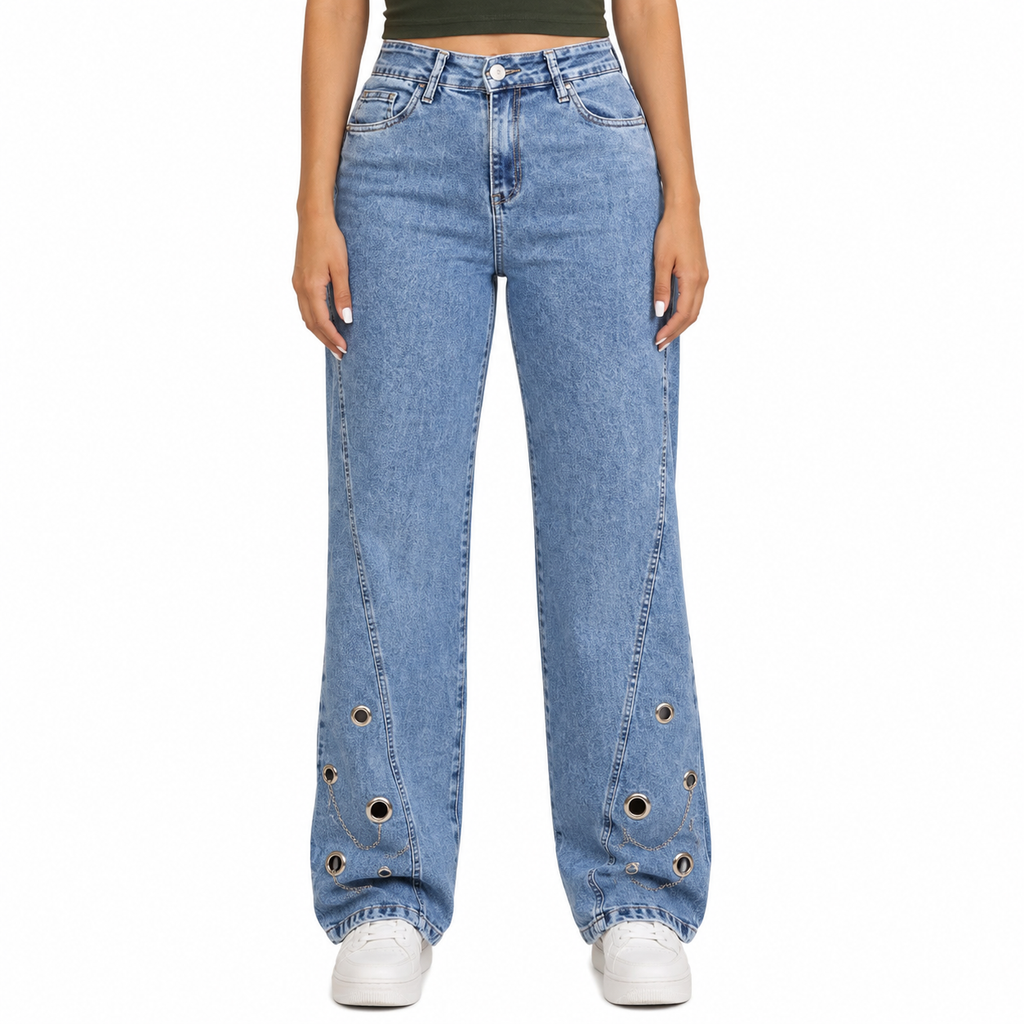 Jeans Recto con Ojillos Metálicos