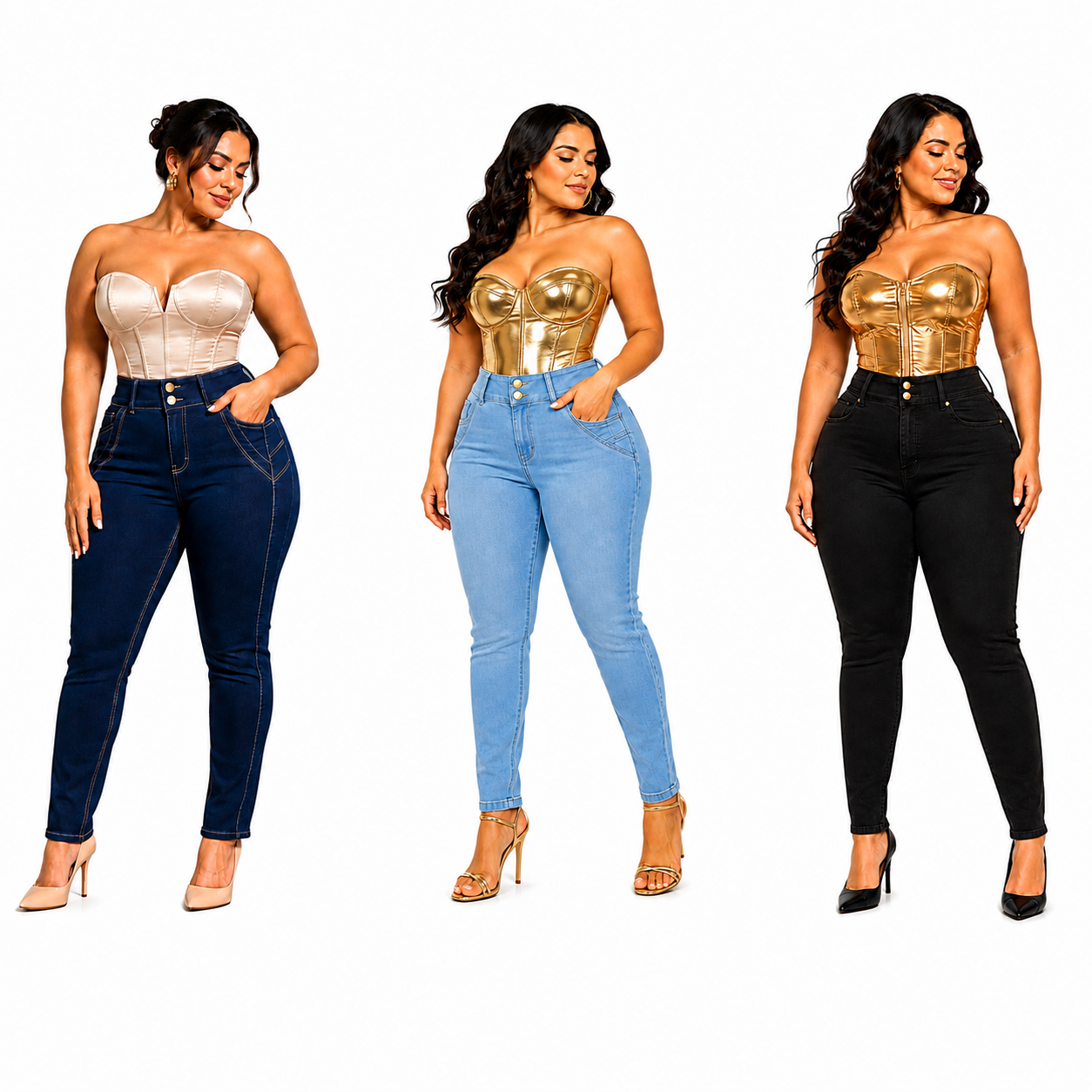 Jeans Curvy Corte Colombiano Disponible en Azul Claro, Azul Marino y Negro