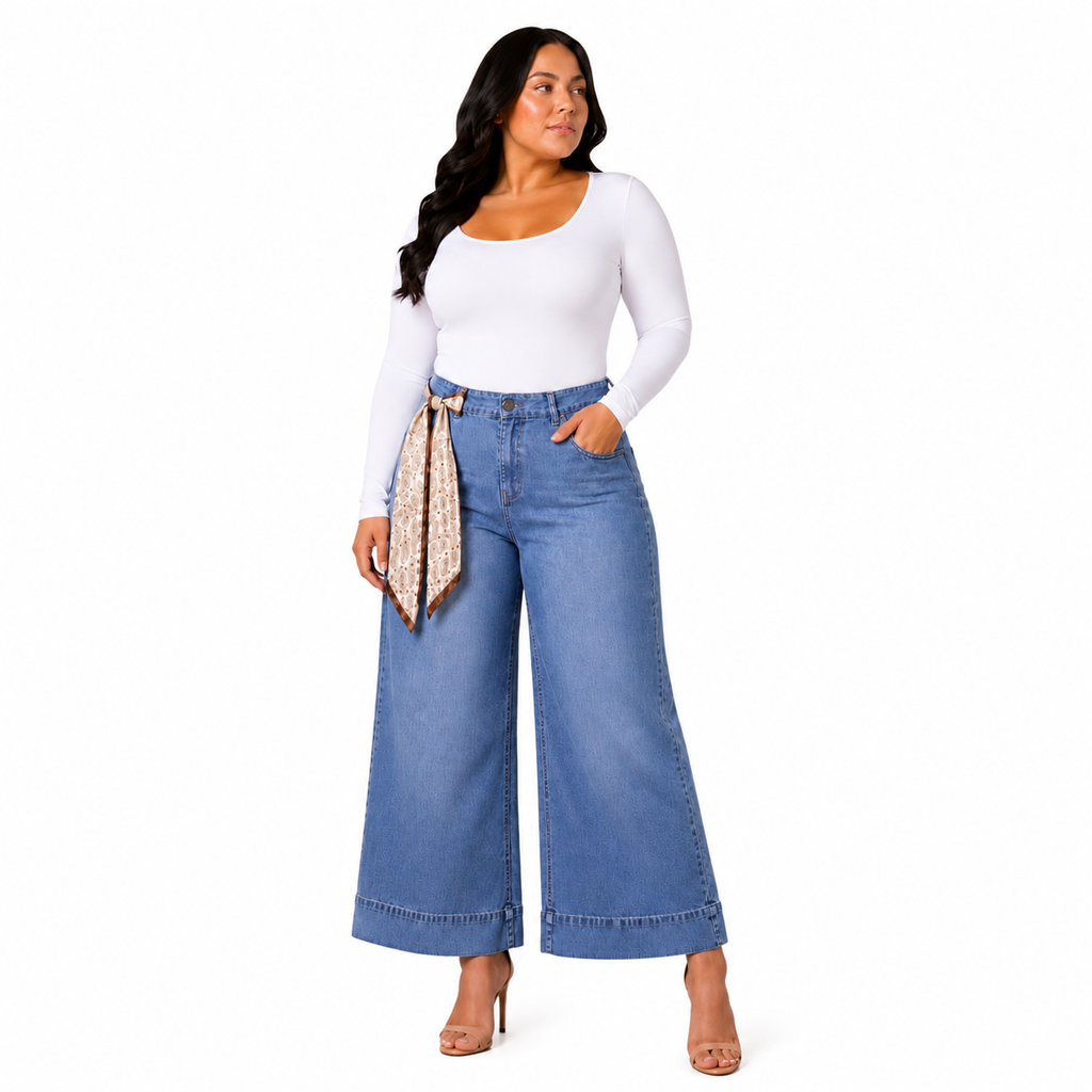 Jeans curvy corte wide leg Color Azul Claro
