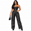 Pantalón Cargo Efecto Cuero Corte Recto – Negro