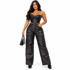 Pantalón Cargo Efecto Cuero Corte Recto – Negro