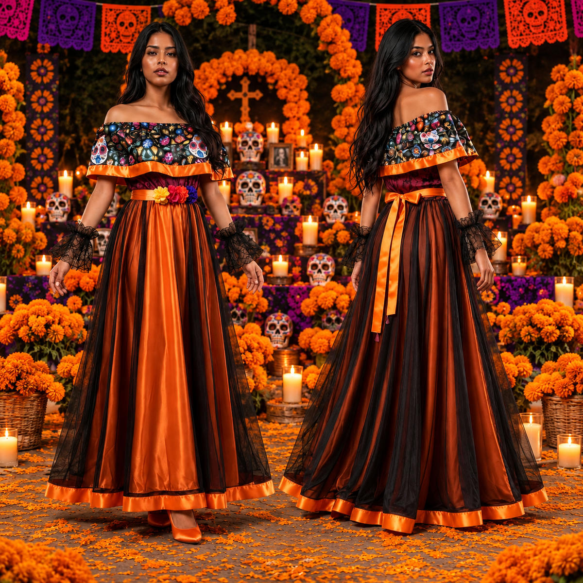 Vestido de Catrina Día de Muertos para Mujer – Vestido Temático Mexicano Unitalla | 3 Colores