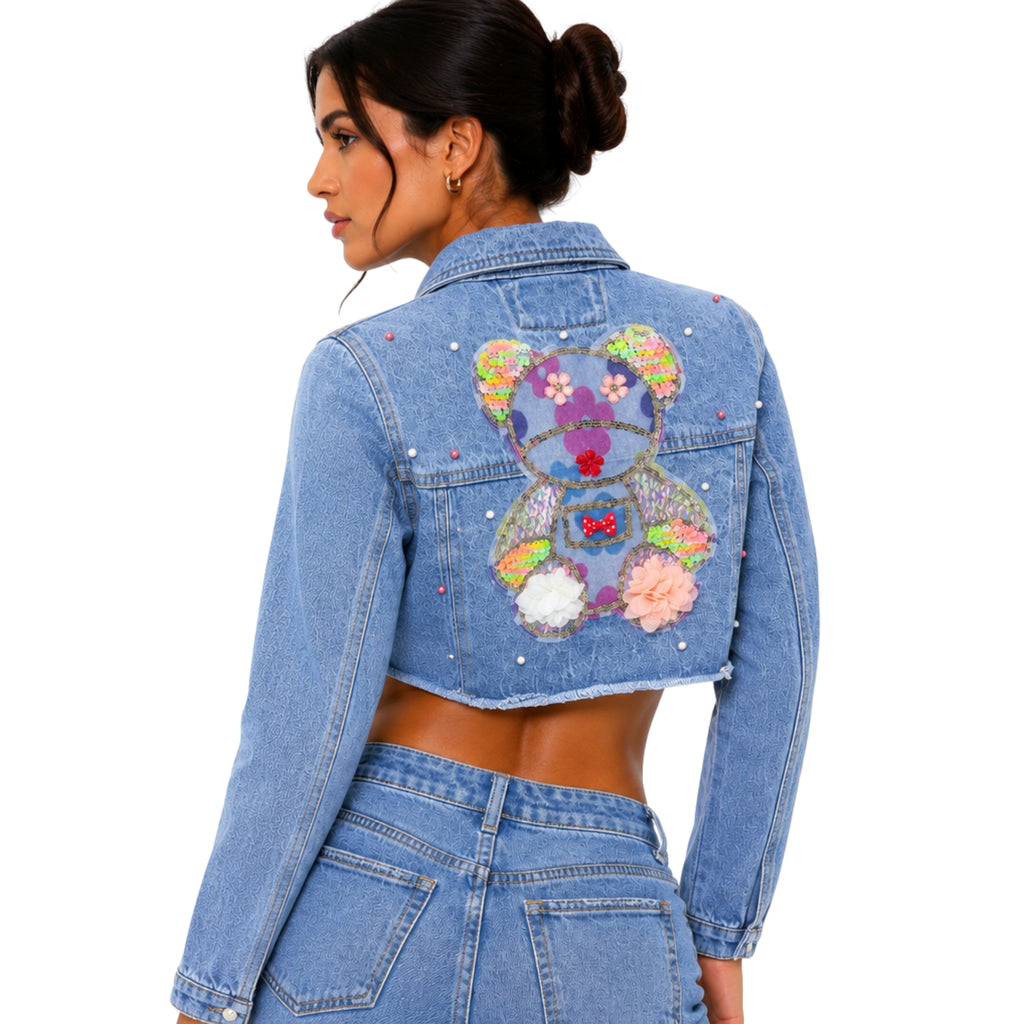 Chamarra Denim Crop "Sparkle Bear" – Azul Claro