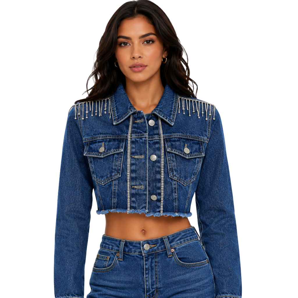 Chamarra Denim Crop con Flecos de Cristal – Azul Medio