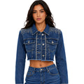 Chamarra Denim Crop con Flecos de Cristal – Azul Medio