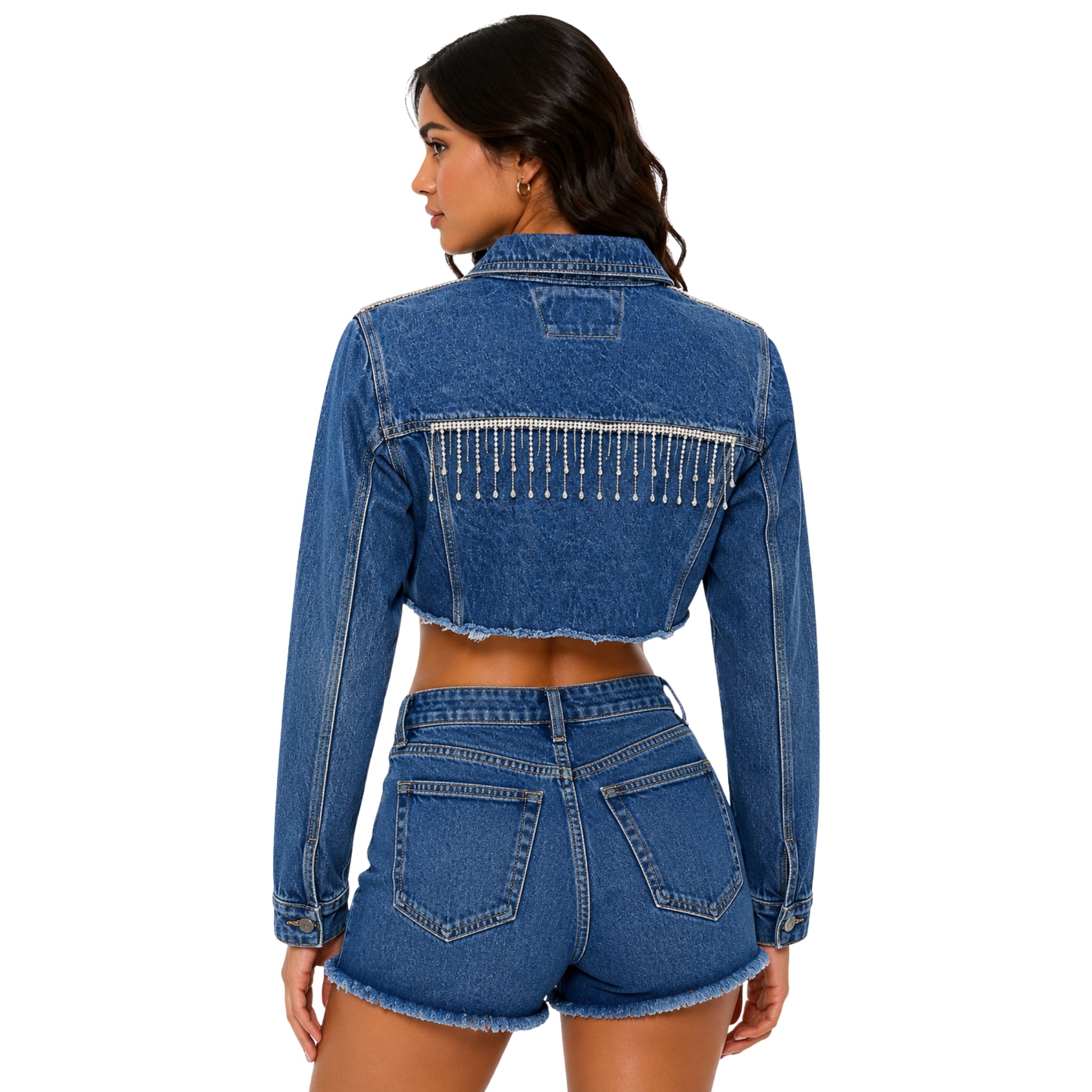 Chamarra Denim Crop con Flecos de Cristal – Azul Medio
