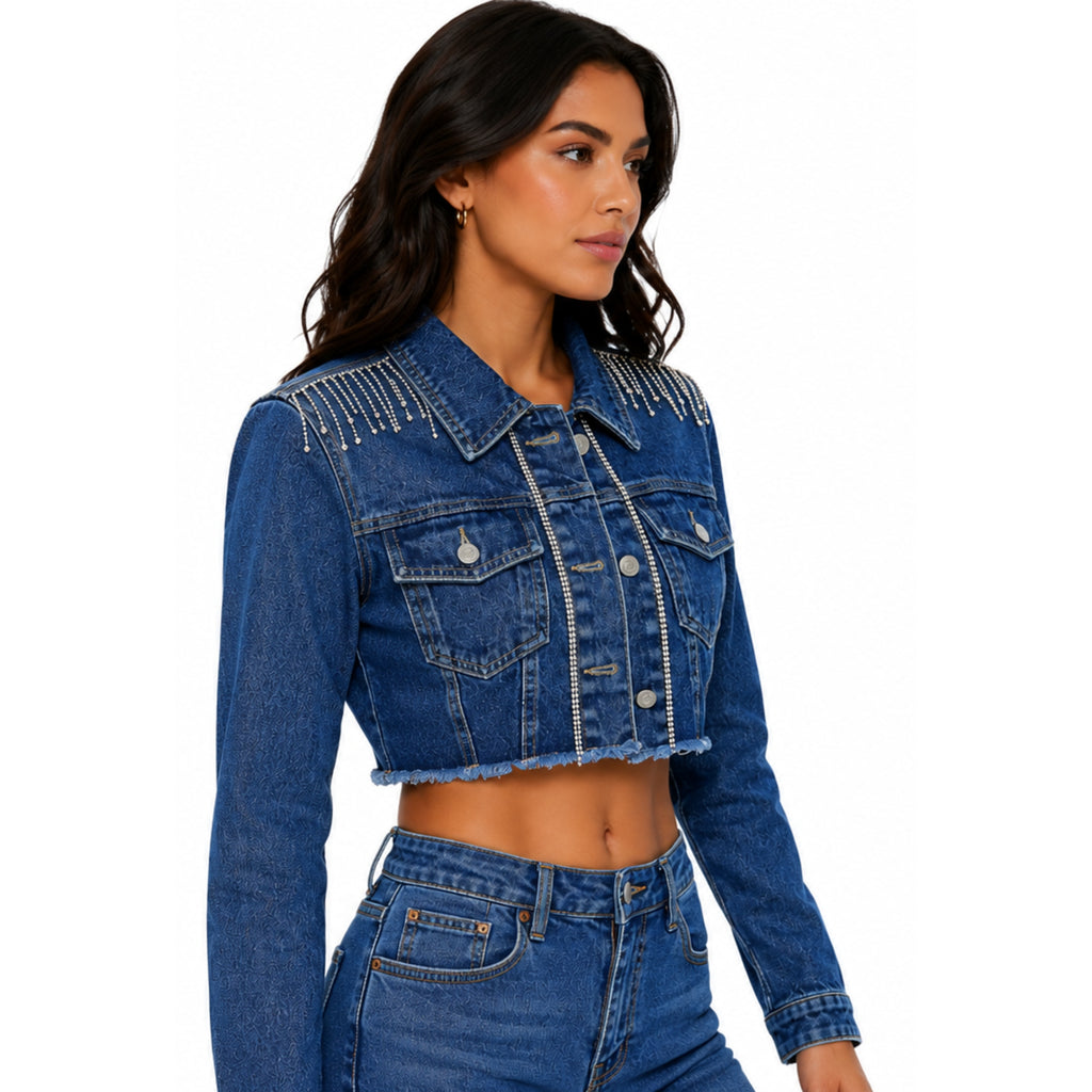 Chamarra Denim Crop con Flecos de Cristal – Azul Medio