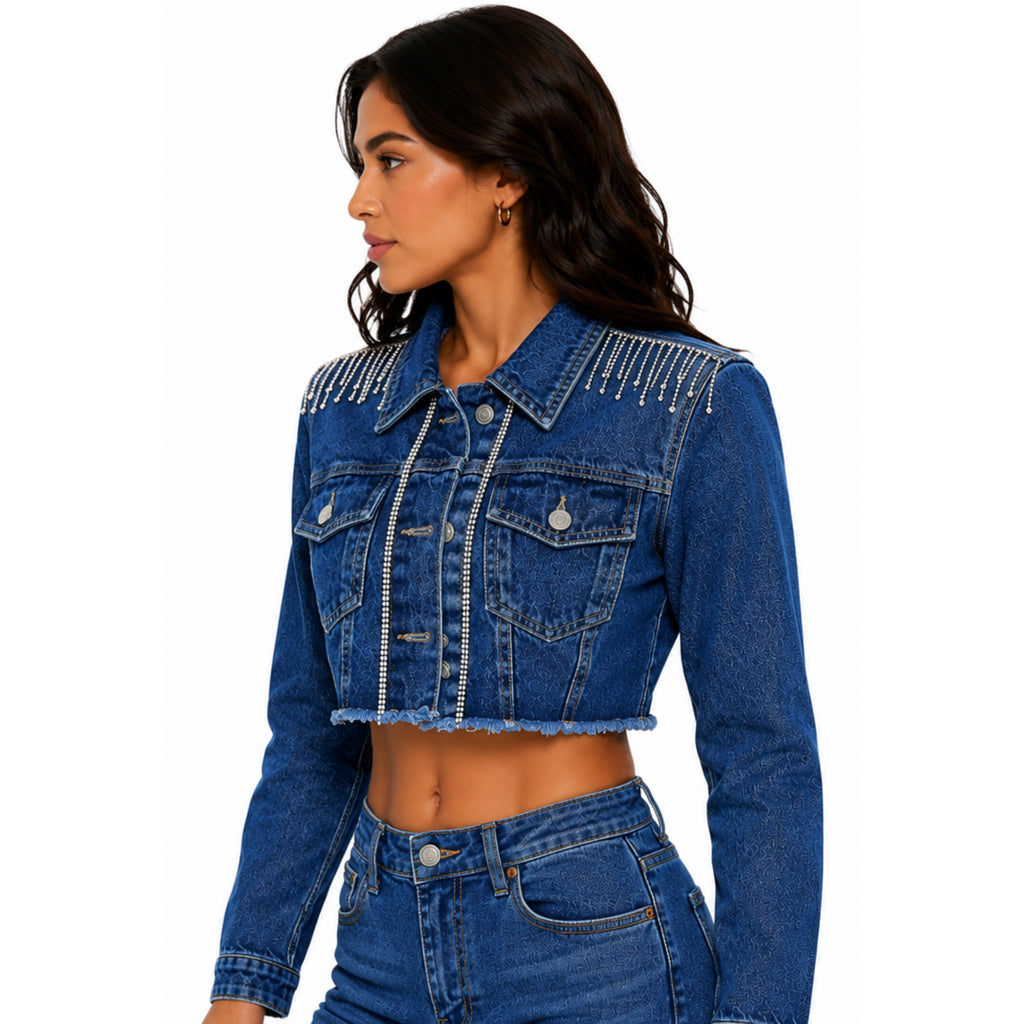Chamarra Denim Crop con Flecos de Cristal – Azul Medio