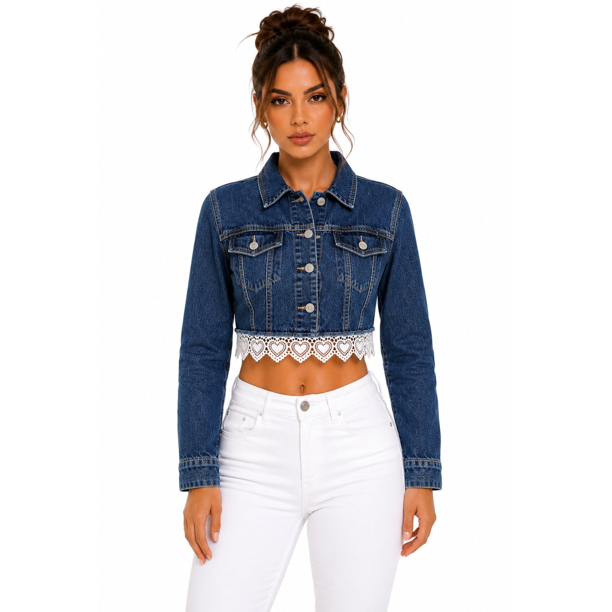 Chamarra Denim Crop con Encaje de Corazones – Azul Medio