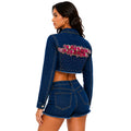 Chamarra Denim Crop con Jardín de Flores 3D y Pedrería – Azul Índigo