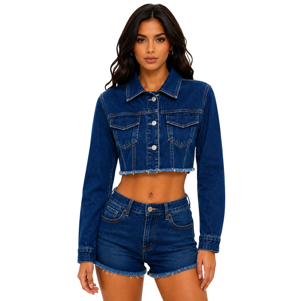 Chamarra Denim Crop con Jardín de Flores 3D y Pedrería – Azul Índigo