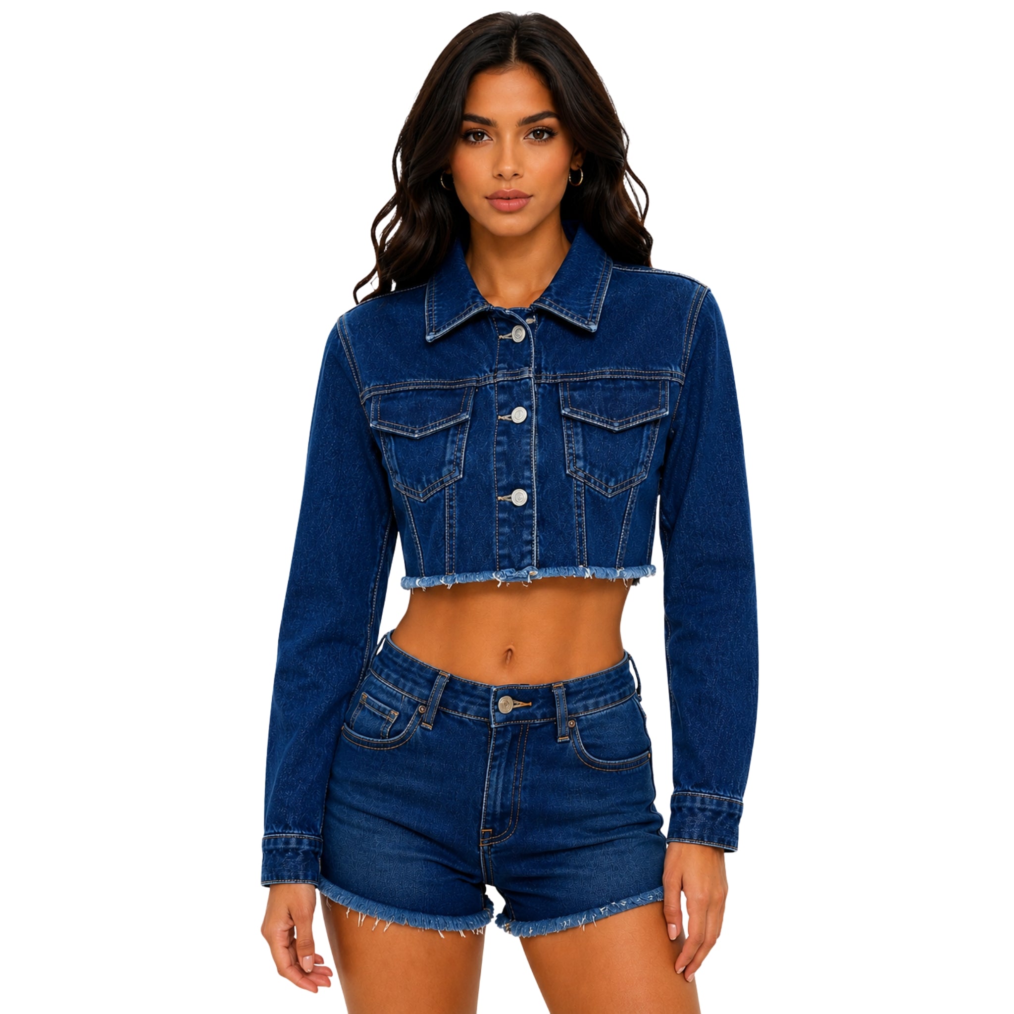 Chamarra Denim Crop con Jardín de Flores 3D y Pedrería – Azul Índigo