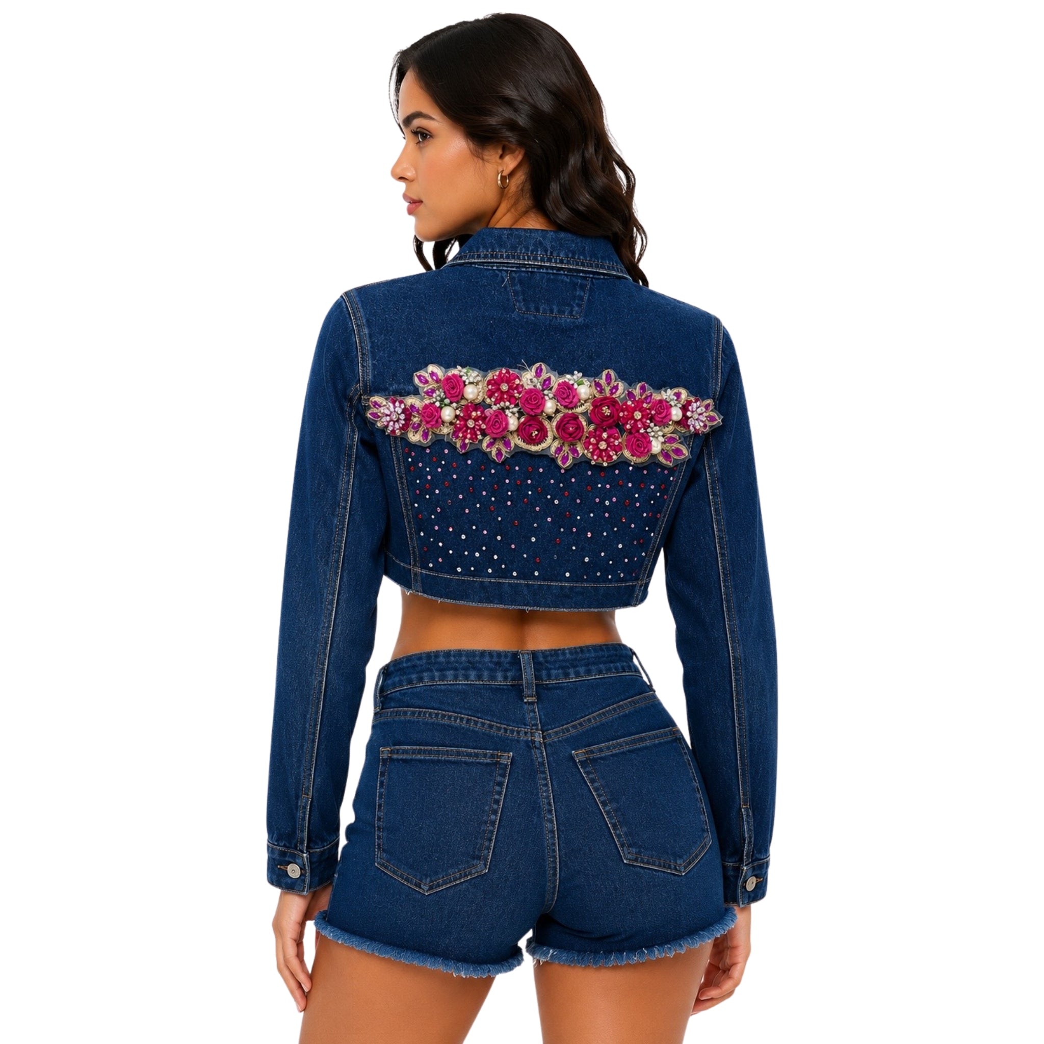 Chamarra Denim Crop con Jardín de Flores 3D y Pedrería – Azul Índigo