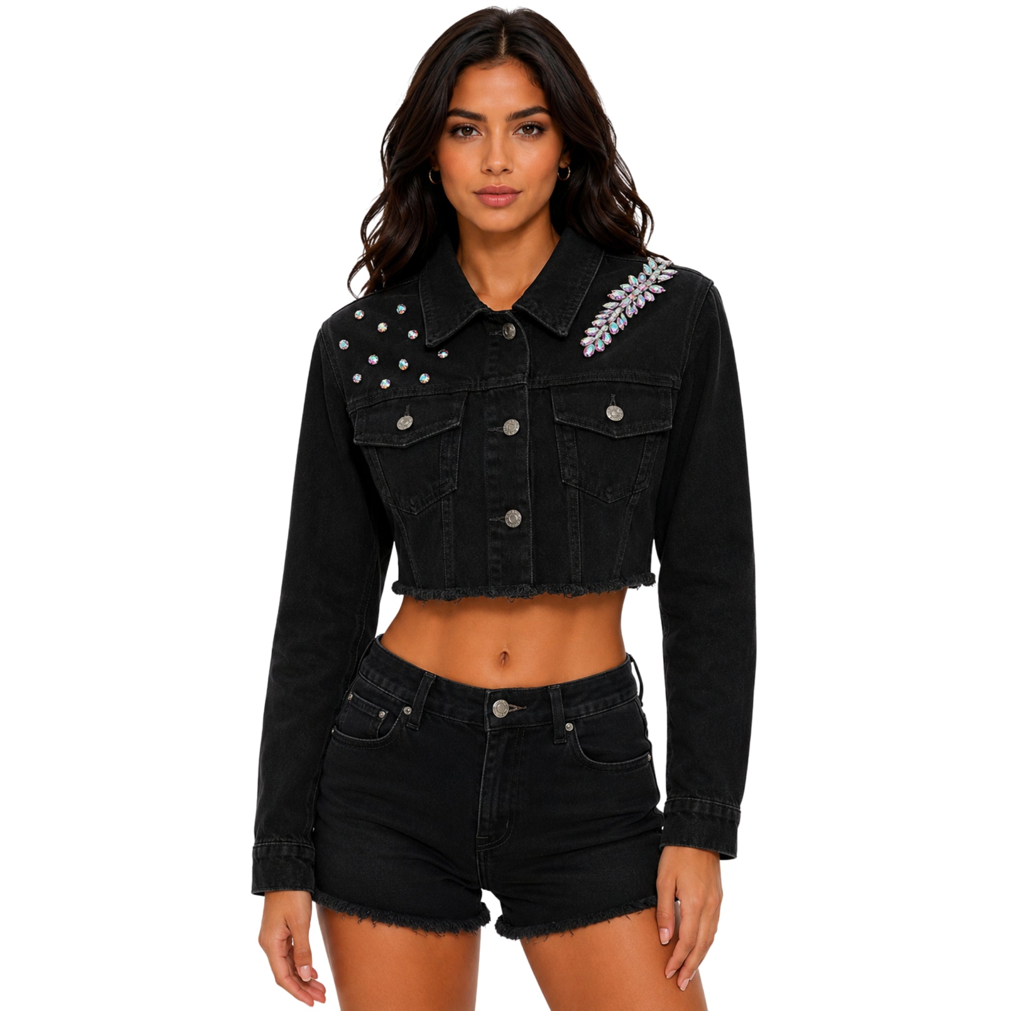 Chamarra Denim Crop "Angel Wings" – Negro y Oro