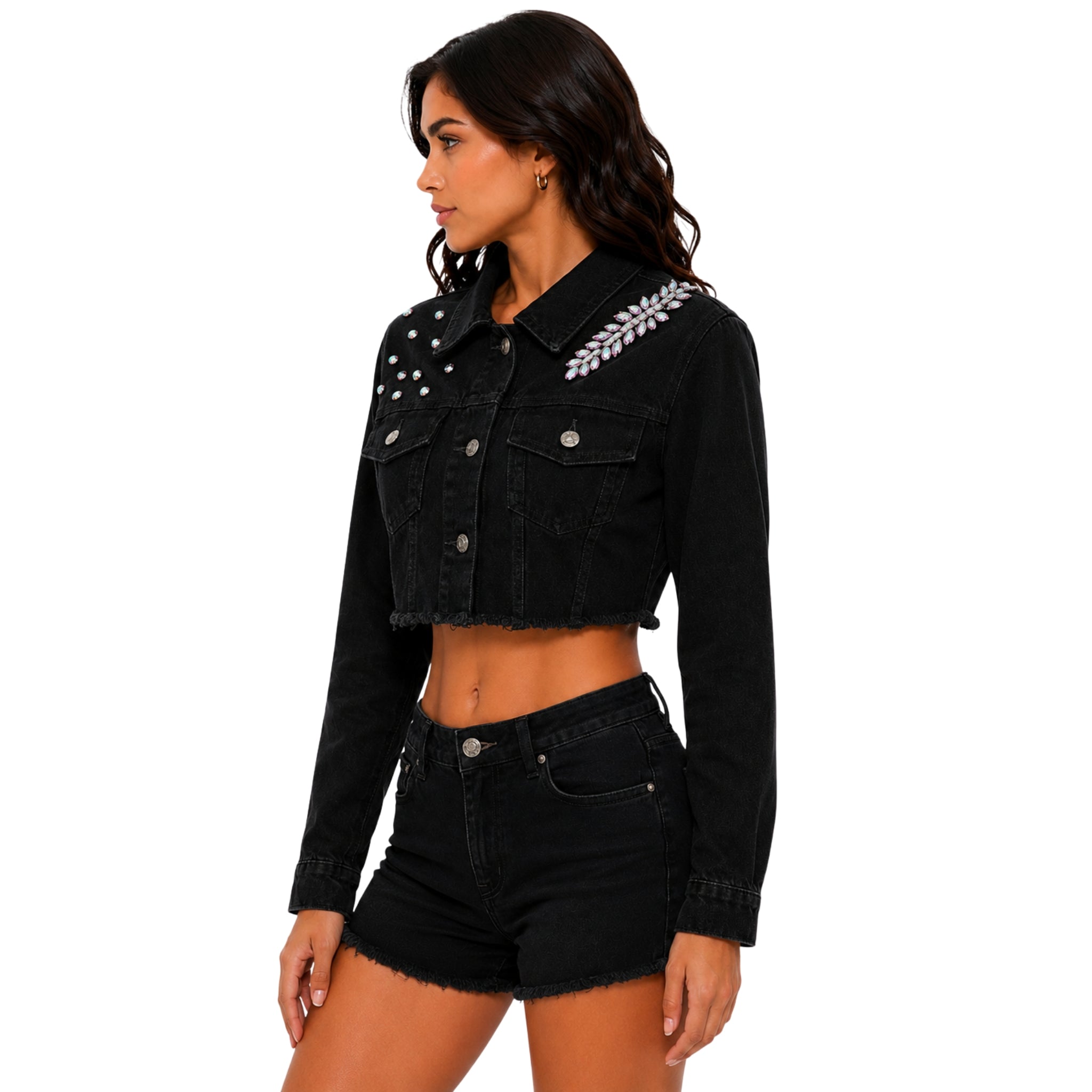 Chamarra Denim Crop "Angel Wings" – Negro y Oro