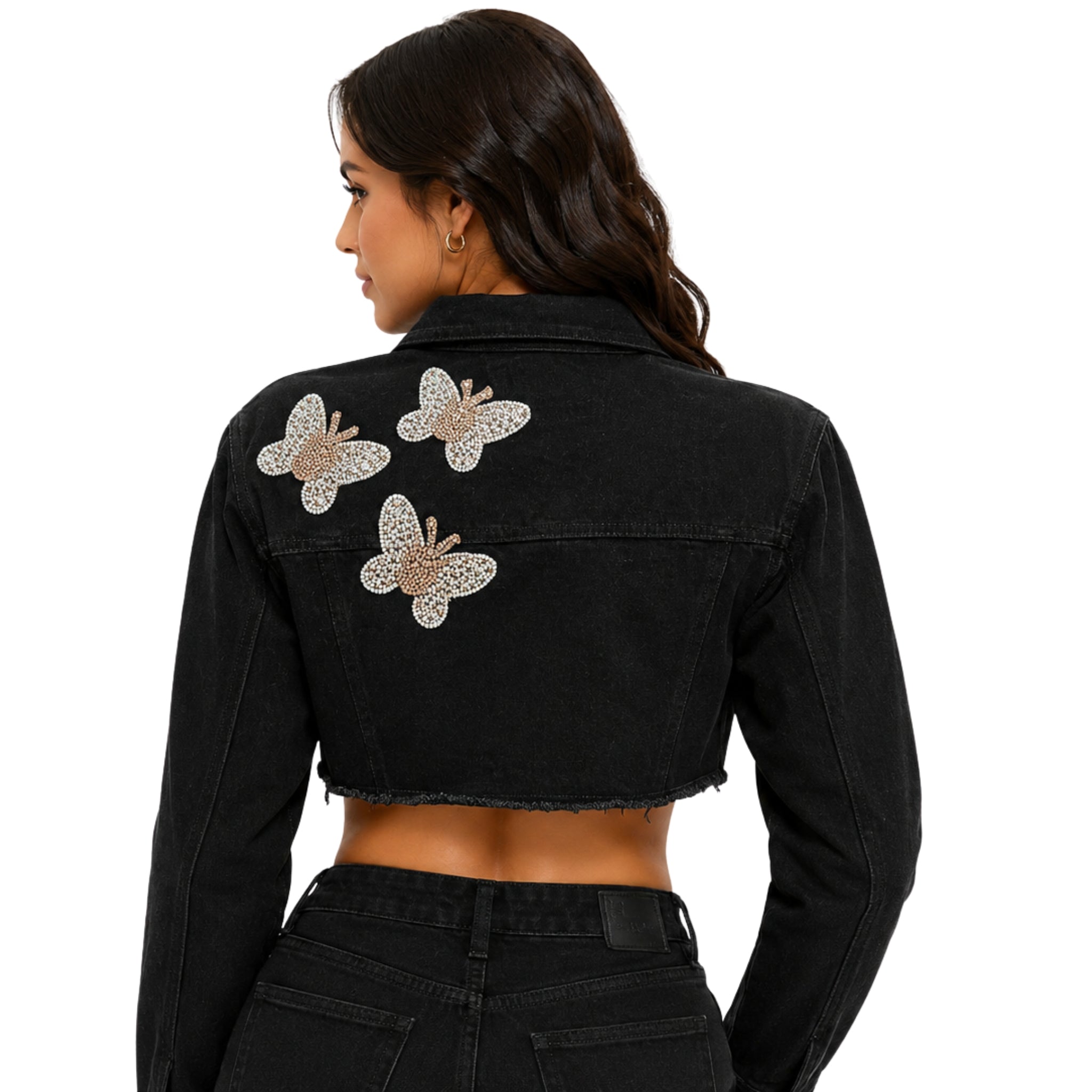 Chamarra Denim Crop "Angel Wings" – Negro y Oro