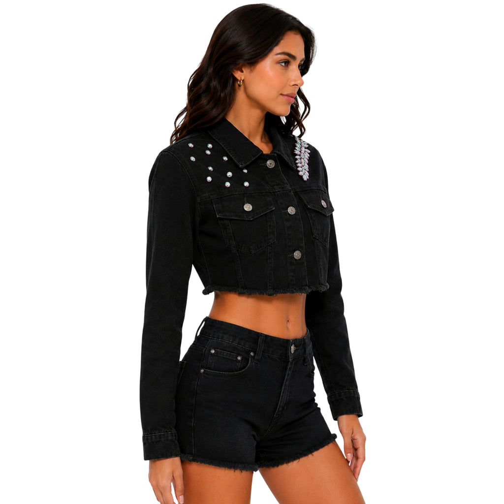 Chamarra Denim Crop "Angel Wings" – Negro y Oro