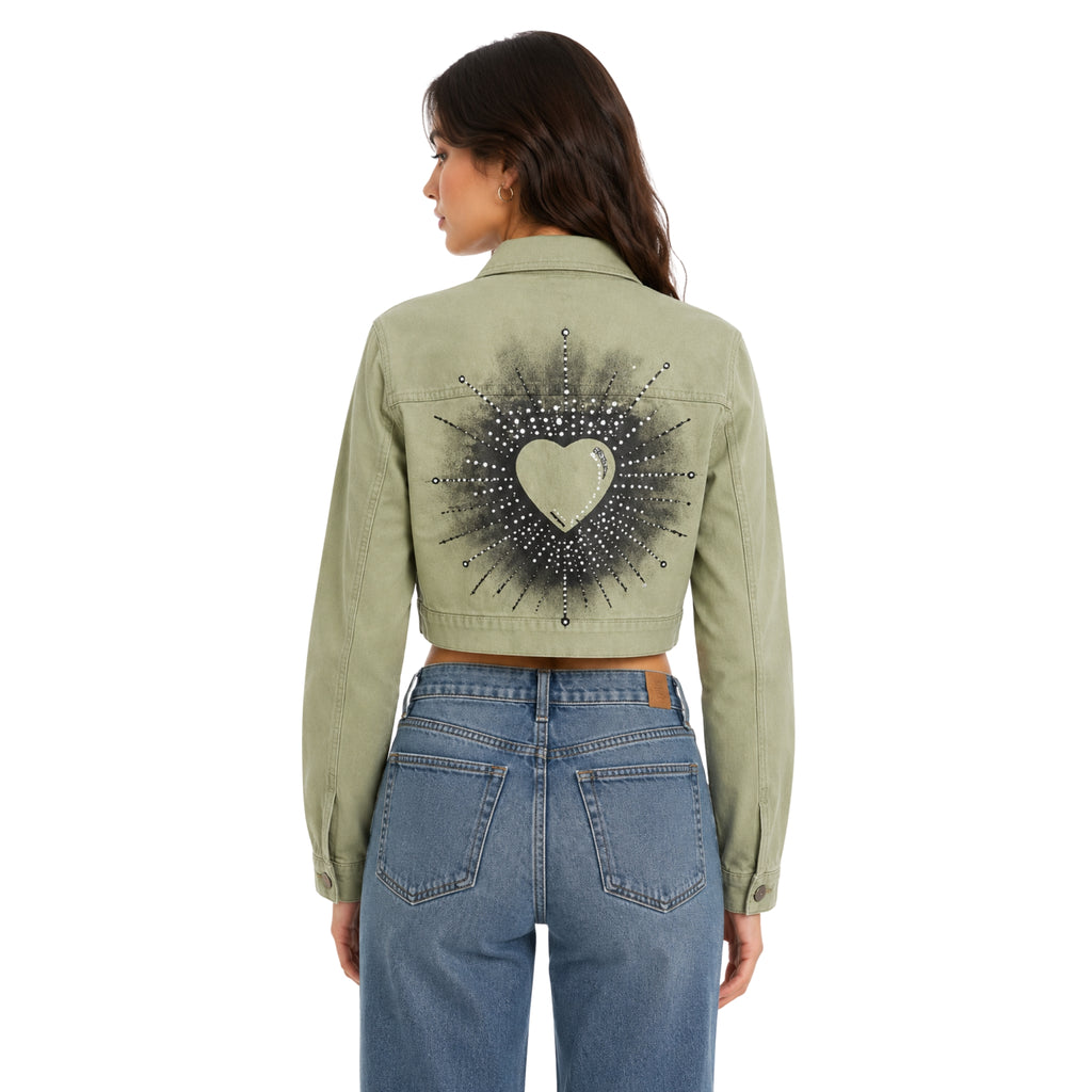 Chamarra Crop Khaki "Sacred Heart" con Cristales