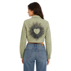Chamarra Crop Khaki "Sacred Heart" con Cristales