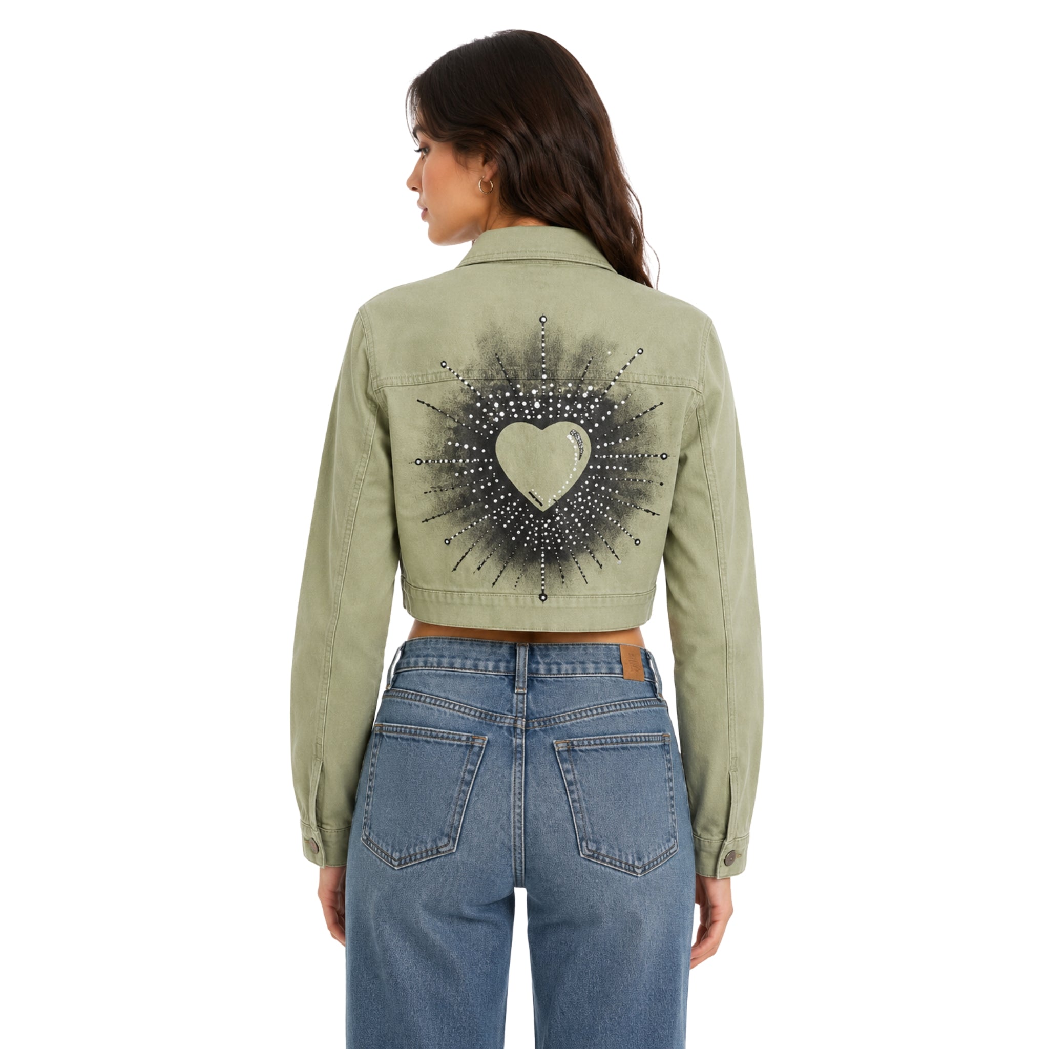 Chamarra Crop Khaki "Sacred Heart" con Cristales