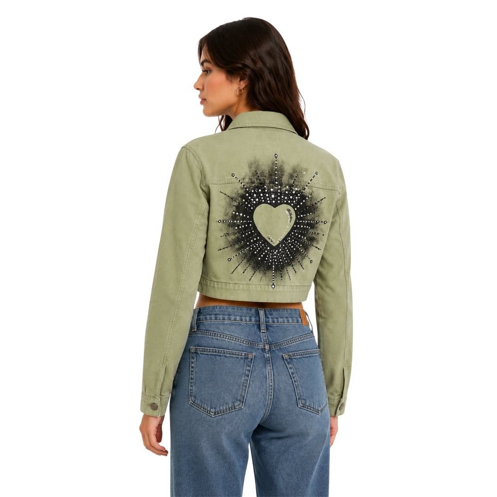 Chamarra Crop Khaki "Sacred Heart" con Cristales