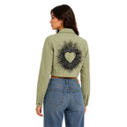 Chamarra Crop Khaki "Sacred Heart" con Cristales