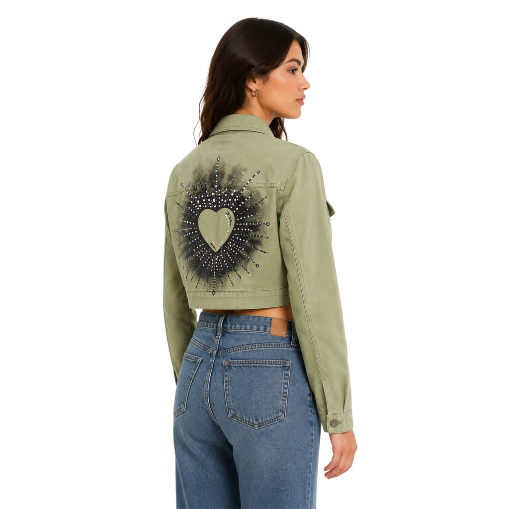 Chamarra Crop Khaki "Sacred Heart" con Cristales