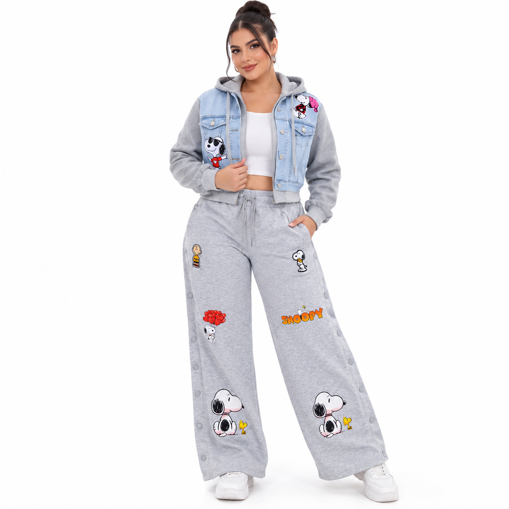 Conjunto Chamarra crop estampada y Pants estampado